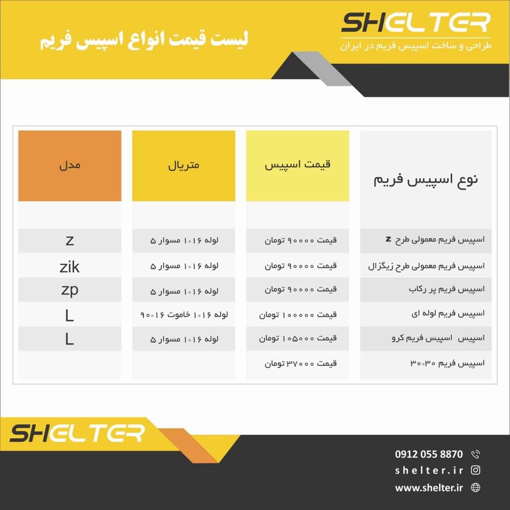 لیست قیمت اسپیس فریم شیلتر